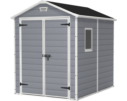 Abri de jardin gris avec fenêtre et double porte