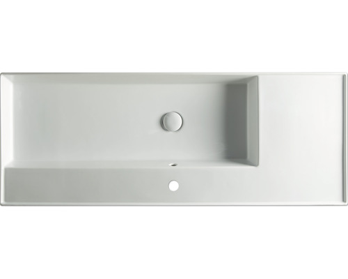 Vue de dessus d''un lavabo rectangulaire avec trou de robinet et trop-plein