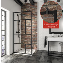 Douche à l''italienne avec cadre noir devant un mur de briques