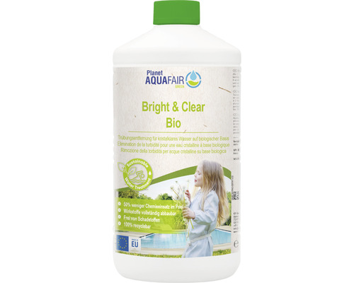 Produit chimique pour piscine AquaFair Anti-turbidité 1 l Planet Aquafair Bright and Clear Bio élimine la turbidité dans une bouteille blanche