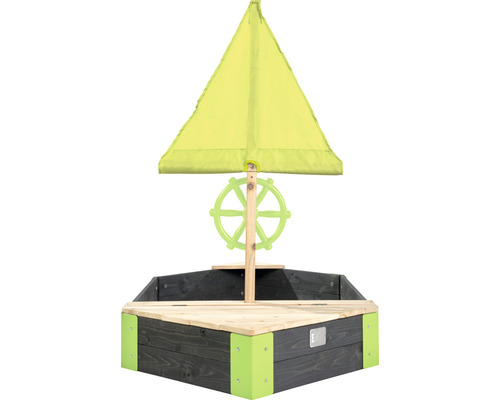 Bac à sable en forme de bateau avec voile et gouvernail