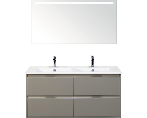 Set de meubles de salle de bains sanox Porto 120 cm cubanit grey 3 pièces meuble bas avec lavabo double en céramique et miroir LED