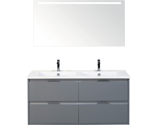 Set de meubles de salle de bains sanox Porto 120 cm ice green 3 pièces meuble bas avec lavabo double en céramique et miroir LED