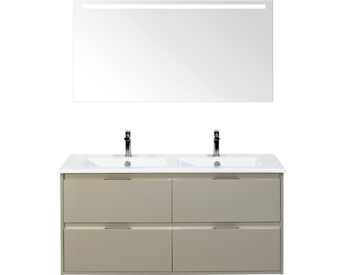 Set de meubles de salle de bains sanox Porto 120 cm gris silice 3 pièces meuble bas avec lavabo double en céramique et miroir LED