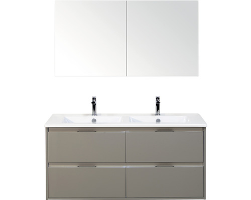 Set de meubles de salle de bains sanox Porto 120 cm cubanit grey 3 pièces meuble bas avec lavabo double en céramique et armoire à miroir