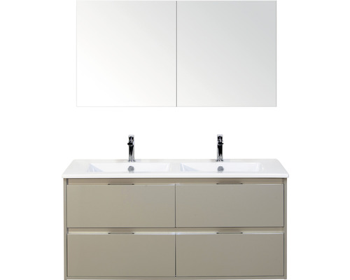 Set de meubles de salle de bains sanox Porto 120 cm gris silice 3 pièces meuble bas avec lavabo double en céramique et armoire à miroir