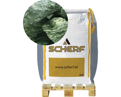 Fragments de chlorure vert 50-100 mm 1000 kg Bigbag Sac de pierres décoratives en serpentine sur une palette, gros plan des pierres et logo Schärf