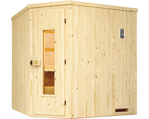 Sauna en bois avec porte vitrée et élément de commande