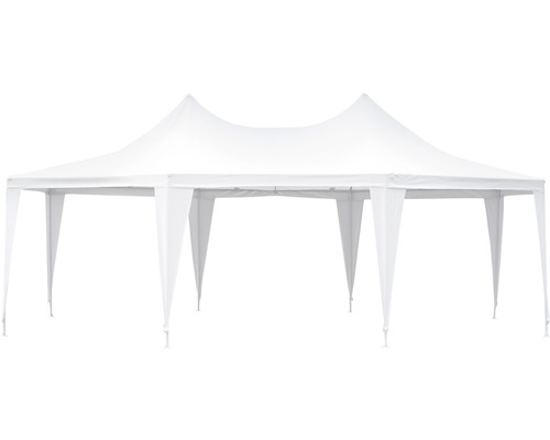 Tente de réception blanche avec cadre en acier et toit en tissu