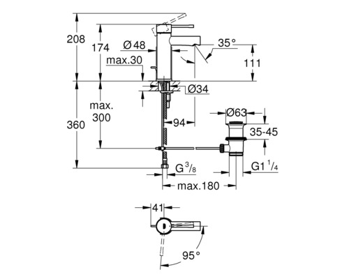Technische Zeichnung eines Wasserhahns mit Maßangaben