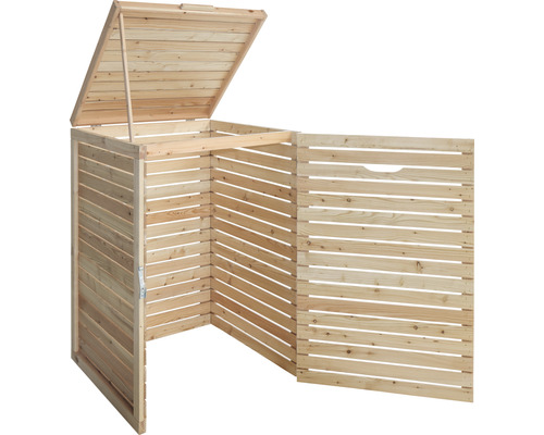 Mülltonnenbox aus Holz mit geöffnetem Deckel und Tür