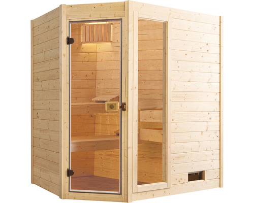 Ecksauna aus Holz mit Glastür und Bänken