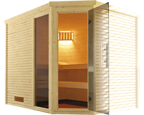 Sauna en bois massif Weka Cubilis d'angle taille 3 sans poêle, avec fenêtre et porte entièrement vitrée couleur graphite