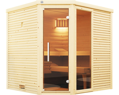 Holzsauna mit Glastür und Bänken