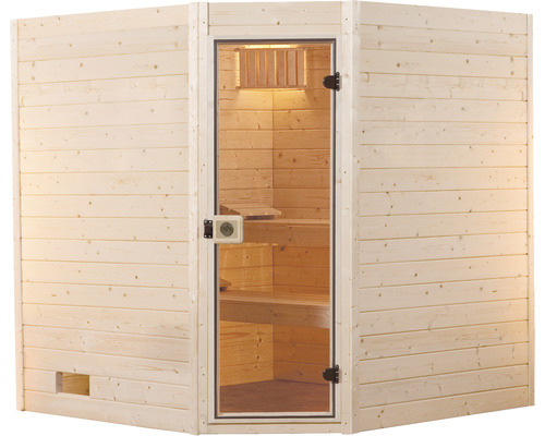 Sauna intérieure en bois avec porte en verre et bancs