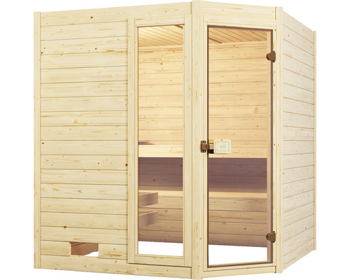 Holzsauna mit Glastür und Fensterelement