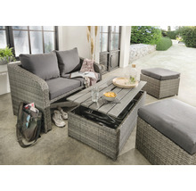 Graue Gartenloungegruppe mit Sofa, höhenverstellbarem Tisch und Hockern auf einer Terrasse