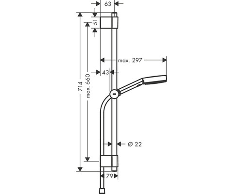 Technische Zeichnung einer Brausestange mit Maßangaben.