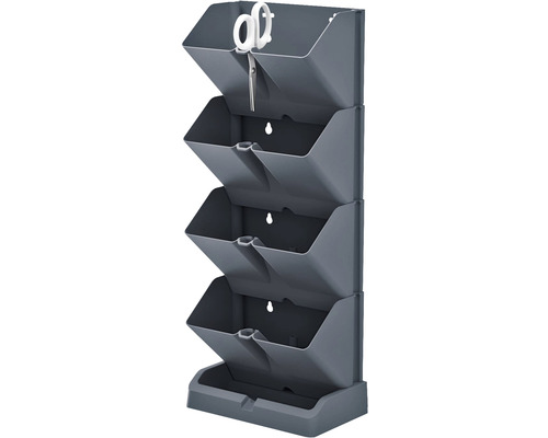 Tour de plantation grise avec quatre bacs et une paire de ciseaux