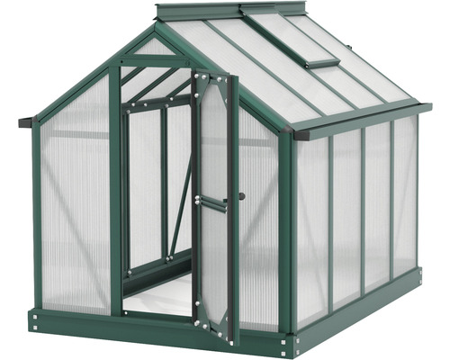 Gewächshaus mit geöffneter Tür und Dachfenster