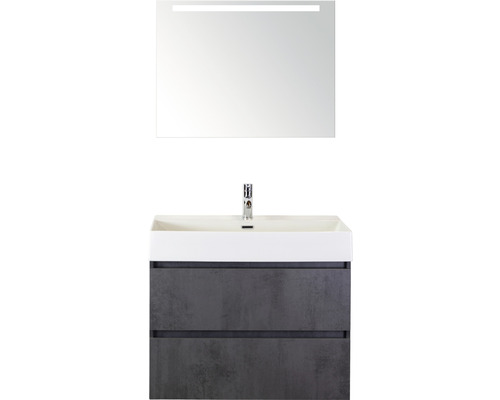 Badmöbel-Set Maxx XL 80 cm mit Keramikwaschtisch und Spiegel mit LED-Beleuchtung Beton anthrazit