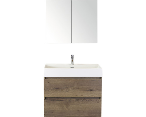 Ensemble de meubles de salle de bains Maxx XL 80 cm avec lavabo en pierre naturelle et armoire de toilette Tabacco