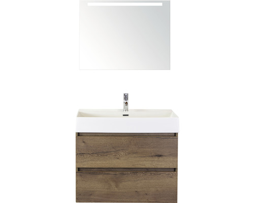 Ensemble de meubles de salle de bains Maxx XL 80 cm avec lavabo en pierre naturelle et miroir avec éclairage LED Tabacco