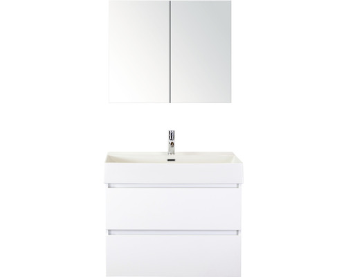 Ensemble de meubles de salle de bains Maxx XL 80 cm avec lavabo en pierre naturelle et armoire de toilette blanc à haute brillance