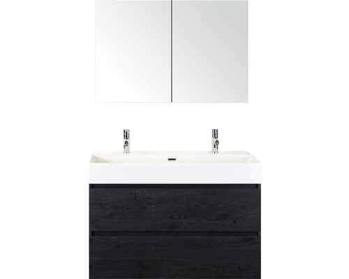 Waschtisch mit zwei Waschbecken, Unterschrank mit zwei Schubladen und Spiegelschrank