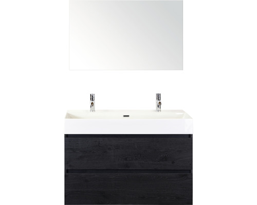 Ensemble de meubles de salle de bains Sanox Maxx XL couleur de façade black oak lxhxp 101 x 170 x 45,5 cm avec double vasque en céramique et miroir