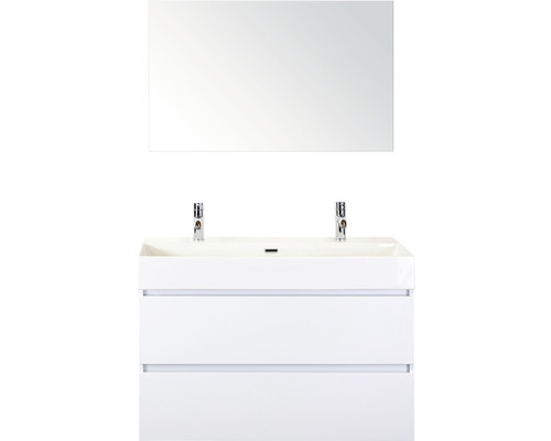 Badmöbel-Set Maxx XL 100 cm mit Keramikwaschtisch 2 Hahnlöcher und Spiegel weiß hochglanz