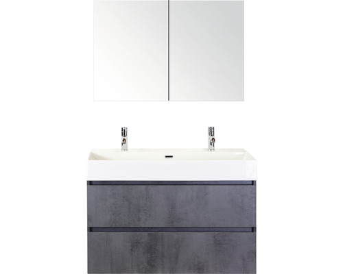 Ensemble de meubles de salle de bains Maxx XL 100 cm avec lavabo en pierre naturelle 2 trous pour robinetterie et armoire de toilette béton anthracite