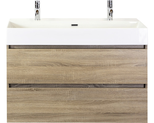 Ensemble de meubles de salle de bains Maxx XL 100 cm avec vasque en céramique 2 trous pour robinetterie chêne gris