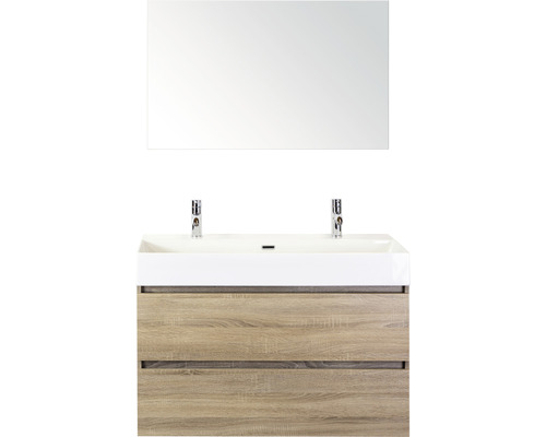 Ensemble de meubles de salle de bains Maxx XL 100 cm avec lavabo en pierre naturelle 2 trous pour robinetterie et miroir chêne gris