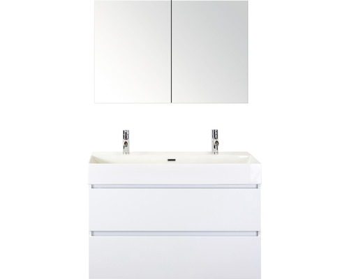Ensemble de meubles de salle de bains Maxx XL 100 cm avec lavabo en pierre naturelle 2 trous pour robinetterie et armoire de toilette blanc à haute brillance