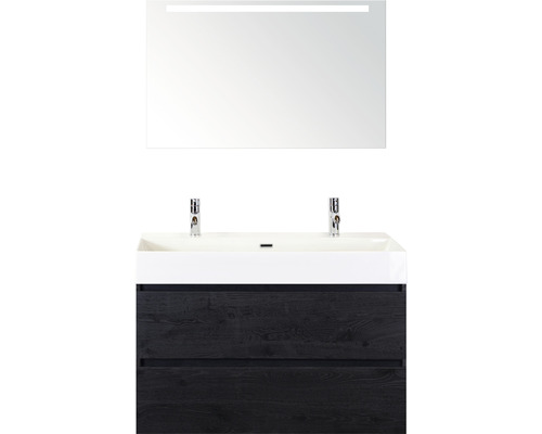 Ensemble de meubles de salle de bains Sanox Maxx XL couleur de façade black oak lxhxp 101 x 183 x 45,5 cm avec double vasque en céramique et miroir avec éclairage LED