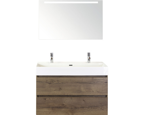 Ensemble de meubles de salle de bains Maxx XL 100 cm avec lavabo en pierre naturelle 2 trous pour robinetterie et miroir avec éclairage LED Tabacco