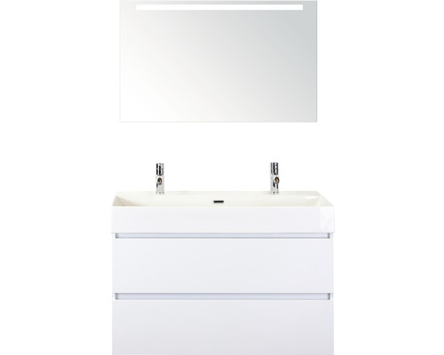 Badmöbel-Set Maxx XL 100 cm mit Keramikwaschtisch 2 Hahnlöcher und Spiegel mit LED-Beleuchtung weiß hochglanz