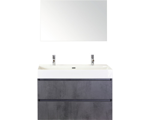 Ensemble de meubles de salle de bains Maxx XL 100 cm avec lavabo en pierre naturelle 2 trous pour robinetterie et miroir béton anthracite