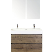 Meuble-lavabo avec armoire de toilette à miroir, lavabo et meuble bas avec deux tiroirs à décor bois