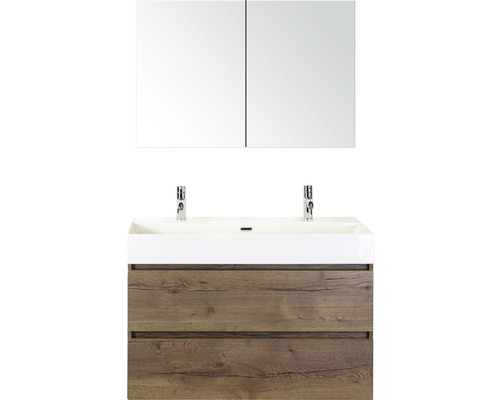 Ensemble de meubles de salle de bains Maxx XL 100 cm avec lavabo en pierre naturelle 2 trous pour robinetterie et armoire de toilette Tabacco