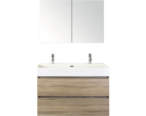 Ensemble de meubles de salle de bains Maxx XL 100 cm avec lavabo en pierre naturelle 2 trous pour robinetterie et armoire de toilette chêne gris