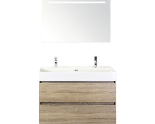 Ensemble de meubles de salle de bains Maxx XL 100 cm avec lavabo en pierre naturelle 2 trous pour robinetterie et miroir avec éclairage LED chêne gris