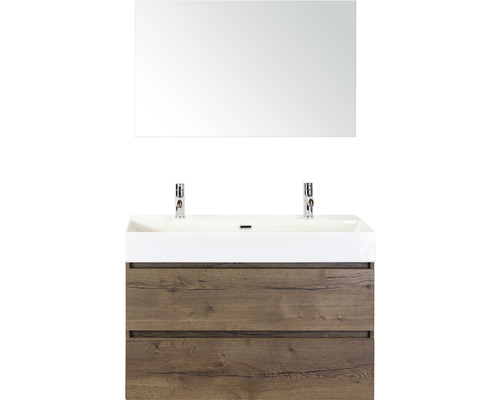 Ensemble de meubles de salle de bains Maxx XL 100 cm avec lavabo en pierre naturelle 2 trous pour robinetterie et miroir Tabacco