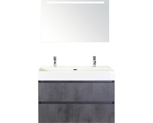 Ensemble de meubles de salle de bains Maxx XL 100 cm avec lavabo en pierre naturelle 2 trous pour robinetterie et miroir avec éclairage LED béton anthracite