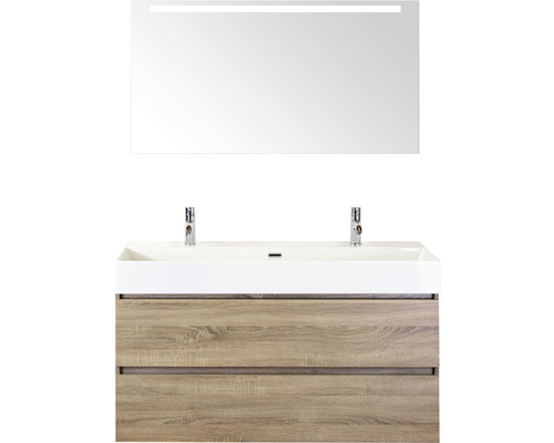 Badmöbel-Set Maxx XL 120 cm mit Keramikwaschtisch 2 Hahnlöcher und Spiegel mit LED-Beleuchtung Eiche grau