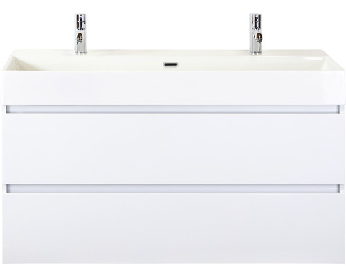 Ensemble de meubles de salle de bains Maxx XL 120 cm avec vasque en céramique 2 trous pour robinetterie blanc à haute brillance