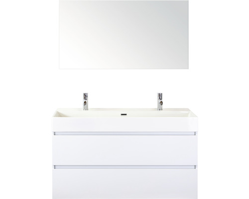 Ensemble de meubles de salle de bains Maxx XL 120 cm avec lavabo en pierre naturelle 2 trous pour robinetterie et miroir blanc à haute brillance