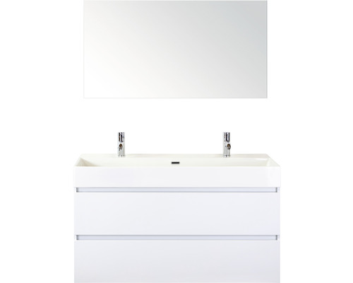 Badmöbel-Set Maxx XL 120 cm mit Keramikwaschtisch 2 Hahnlöcher und Spiegel weiß hochglanz Badmöbel-Set Maxx XL 120 cm mit Keramikwaschtisch 2 Hahnlöcher und Spiegel weiß hochglanz