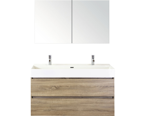 Ensemble de meubles de salle de bains Maxx XL 120 cm avec lavabo en pierre naturelle 2 trous pour robinetterie et armoire de toilette chêne gris